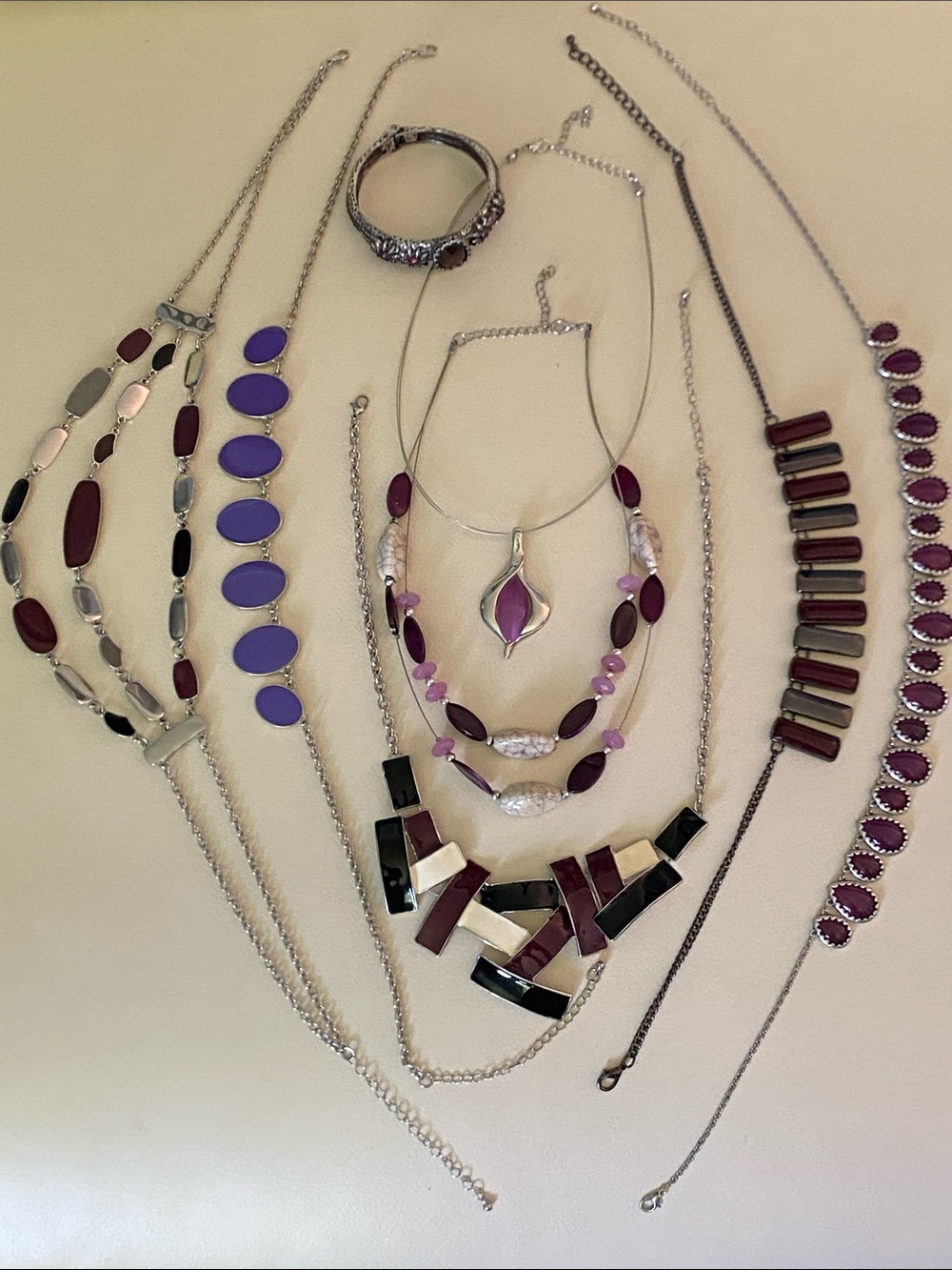 Purple Silver Tone Jewellery Lot 8 Necklaces & Bracelet Rotary Fundraiser